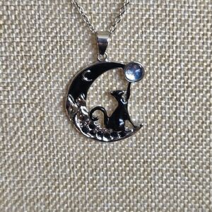Necklace: Black Cat , Opalite Moon, Sitting On Black Onyx Crystals